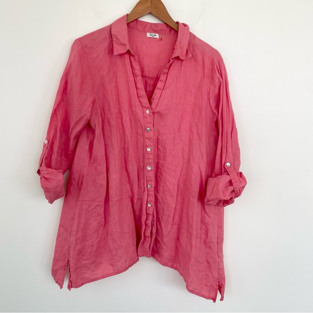 Symple NYC 100% Linen Tunic Top Coral Pink L Large Lagenlook Roll Sleeve